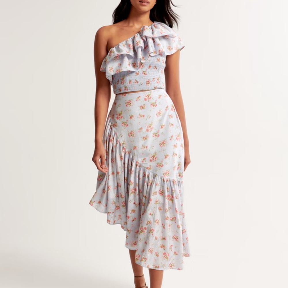 Abercrombie One-Shoulder Floral Ruffle Top and Midi Skirt Set in Light Blue